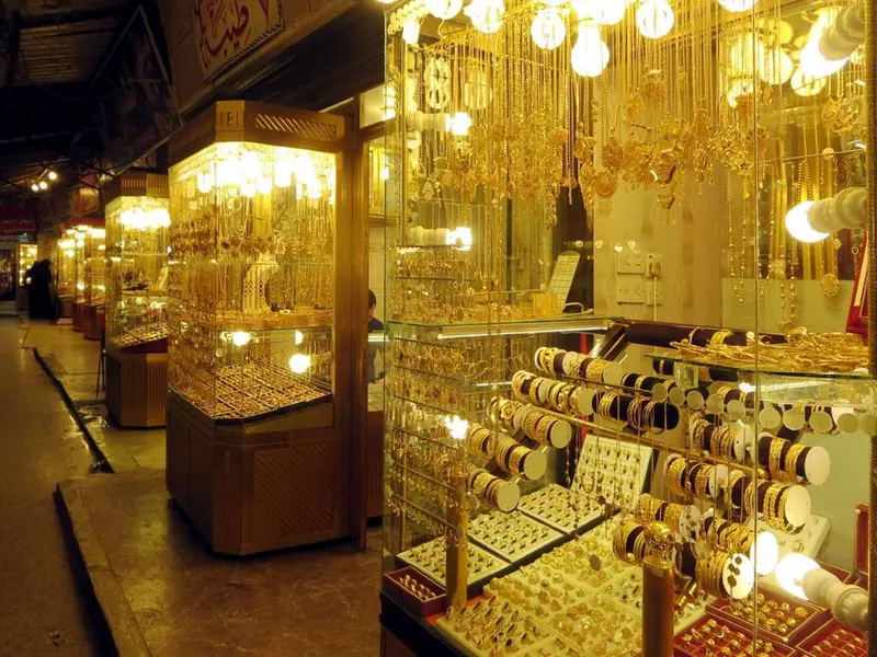 Gold merchants' stalls in the covered Ashar bazaar in central Basra