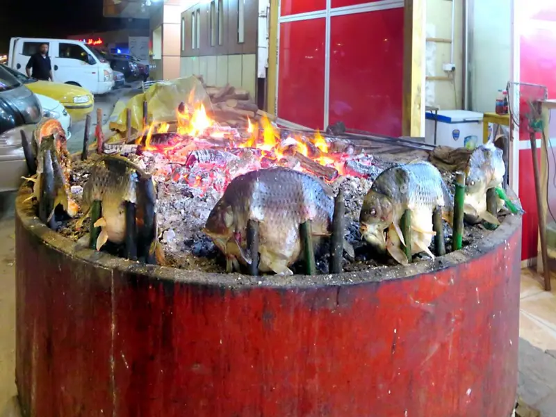 Masgouf — split river carp grilling upright over an open fire in Basra